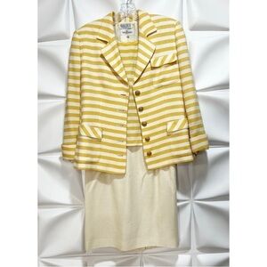 Valentino Miss V 44 Womens Sz 10 Yellow Striped Wool Jacket Top Skirt Suit Set